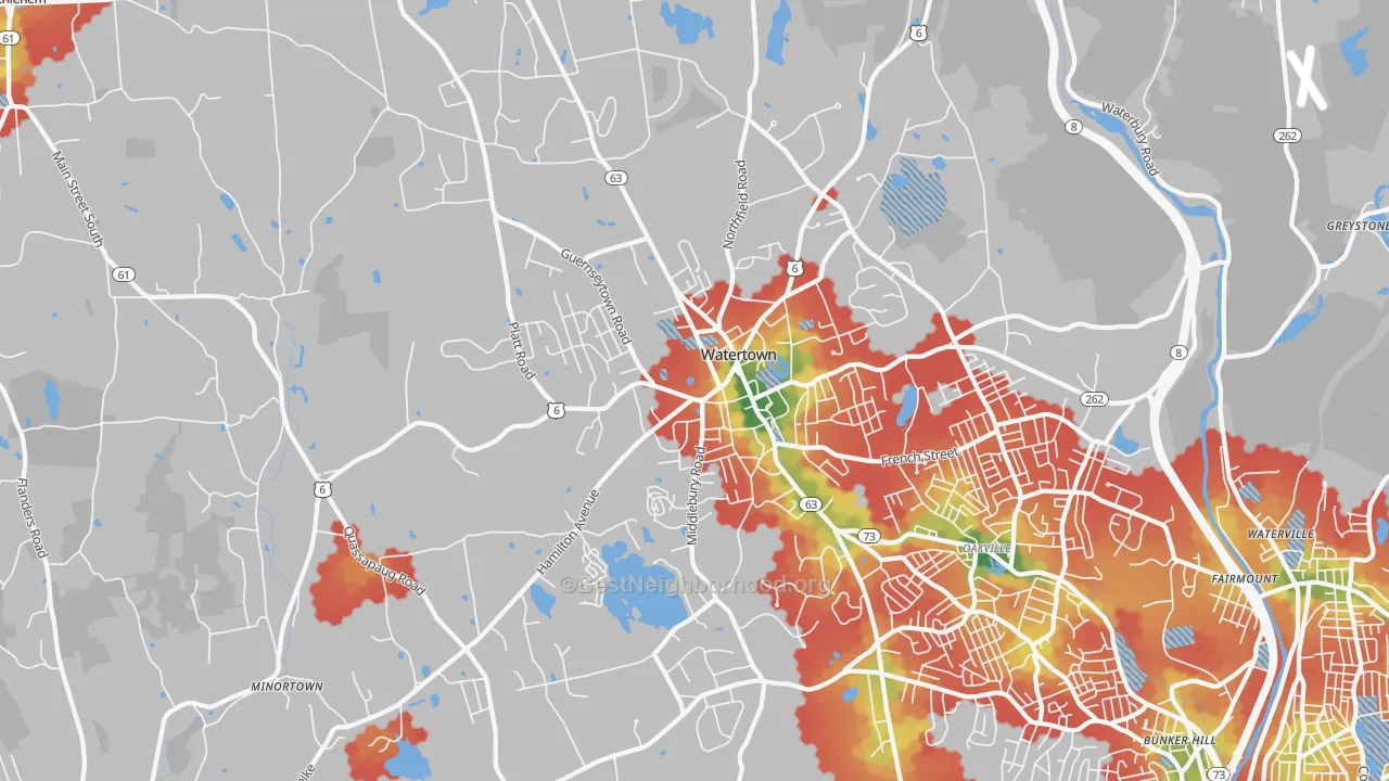 Walk Grade map of Watertown, CT, walkable areas in green and car-dependent areas in red