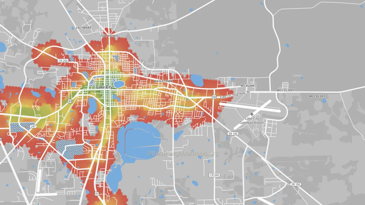 Walk Grade map of Watertown, FL, walkable areas in green and car-dependent areas in red