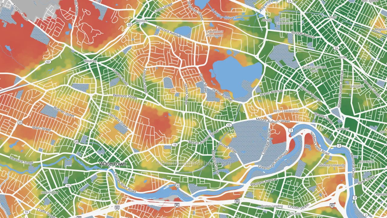 Walk Grade map of Watertown, MA, walkable areas in green and car-dependent areas in red