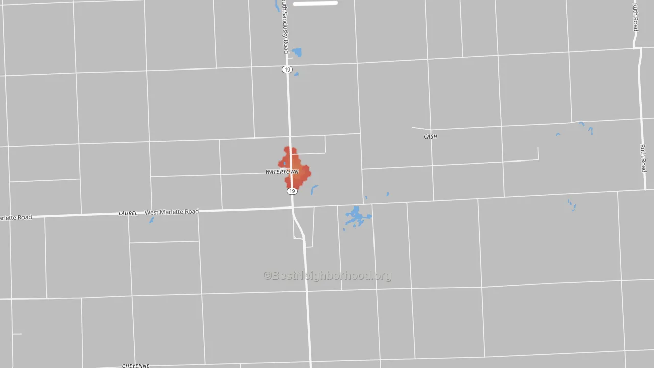 Walk Grade map of Watertown, MI, walkable areas in green and car-dependent areas in red