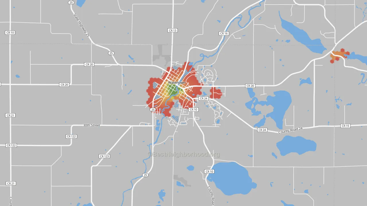 Walk Grade map of Watertown, MN, walkable areas in green and car-dependent areas in red