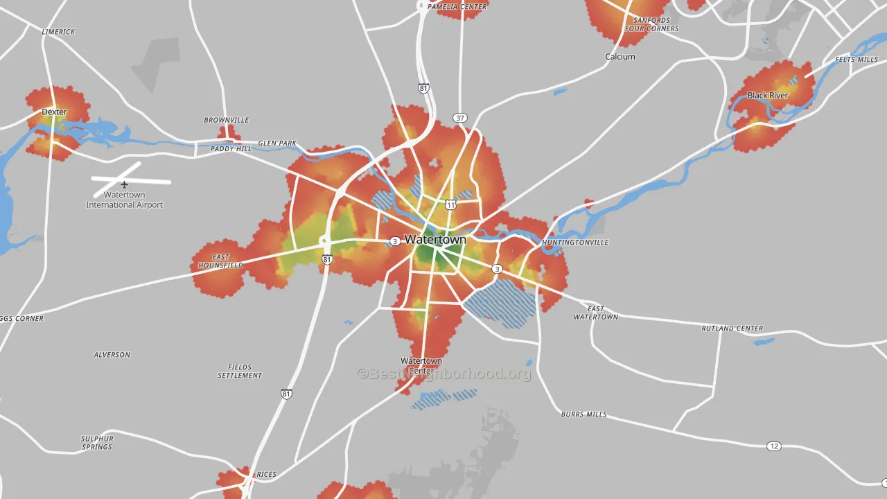 Walk Grade map of Watertown, NY, walkable areas in green and car-dependent areas in red