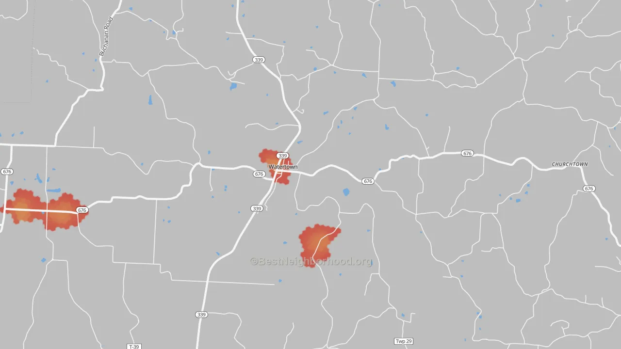 Walk Grade map of Watertown, OH, walkable areas in green and car-dependent areas in red