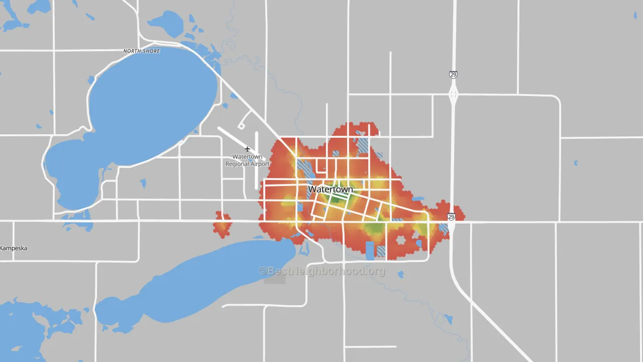 Walk Grade map of Watertown, SD, walkable areas in green and car-dependent areas in red