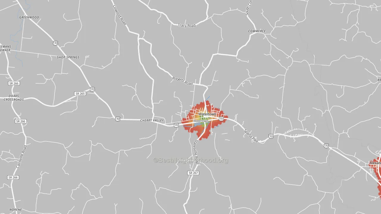 Walk Grade map of Watertown, TN, walkable areas in green and car-dependent areas in red