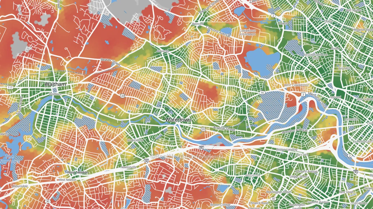 Walk Grade map of Watertown Town, MA, walkable areas in green and car-dependent areas in red
