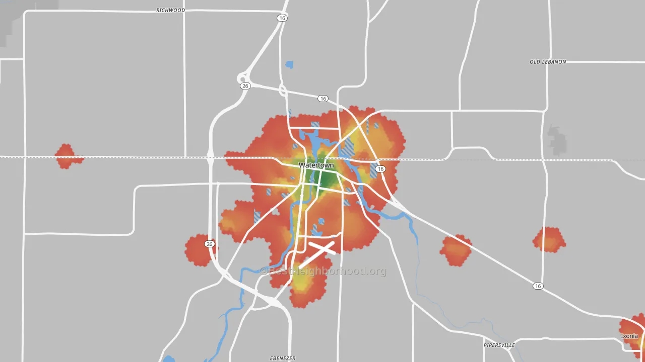 Walk Grade map of Watertown, WI, walkable areas in green and car-dependent areas in red