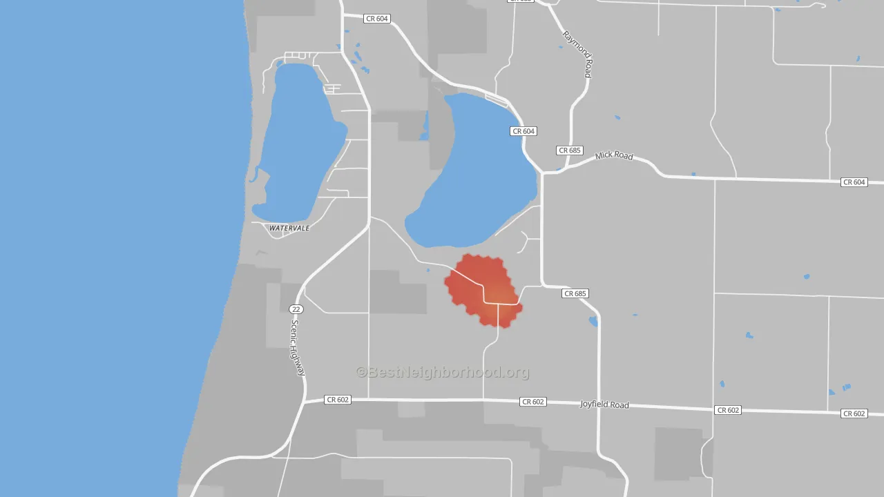 Walk Grade map of Watervale, MI, walkable areas in green and car-dependent areas in red