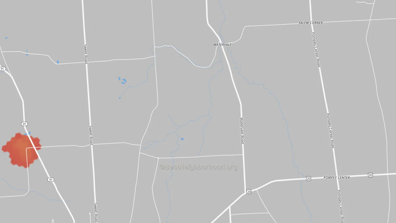 Walk Grade map of Watervale, NY, walkable areas in green and car-dependent areas in red