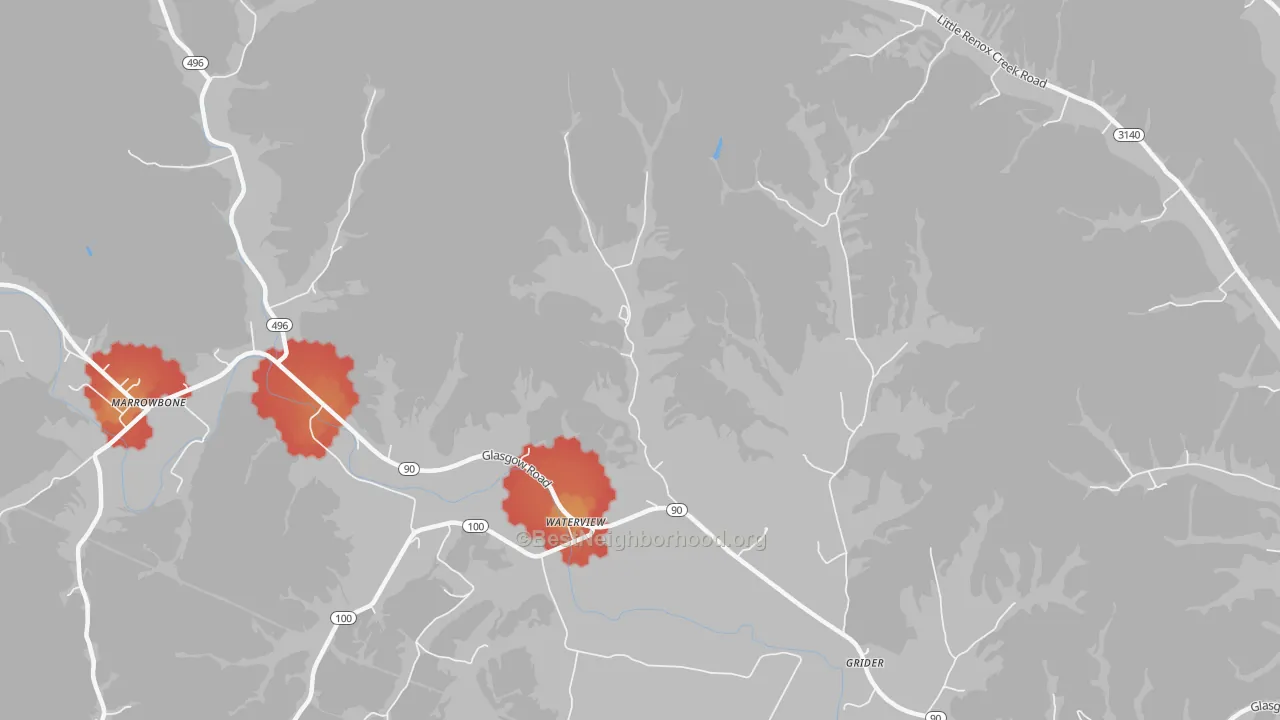 Walk Grade map of Waterview, KY, walkable areas in green and car-dependent areas in red