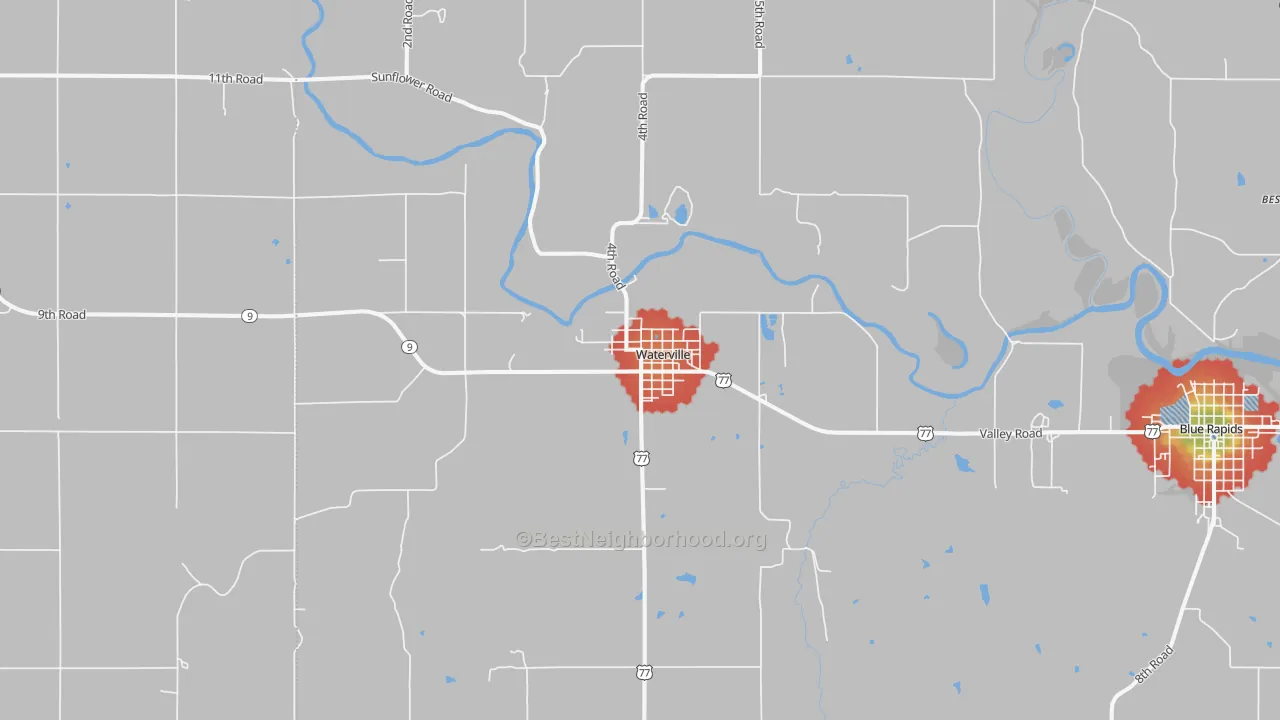Walk Grade map of Waterville, KS, walkable areas in green and car-dependent areas in red