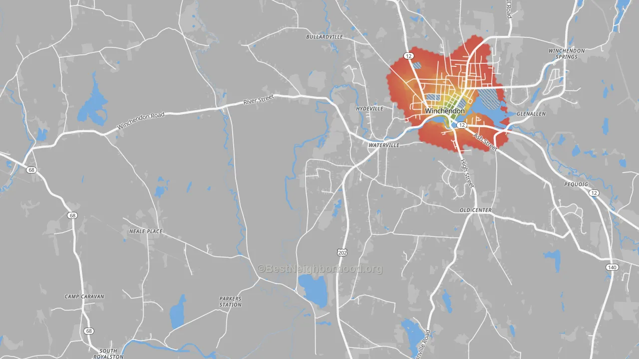 Walk Grade map of Waterville, MA, walkable areas in green and car-dependent areas in red