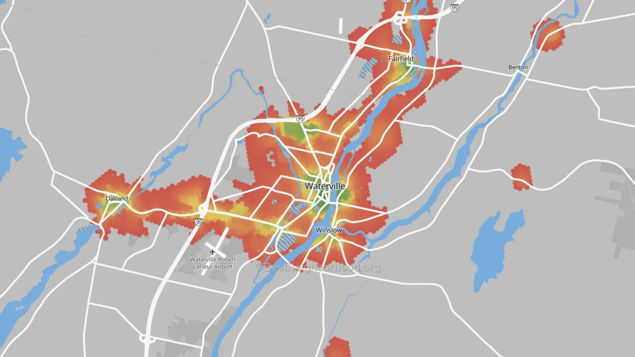 Walk Grade map of Waterville, ME, walkable areas in green and car-dependent areas in red