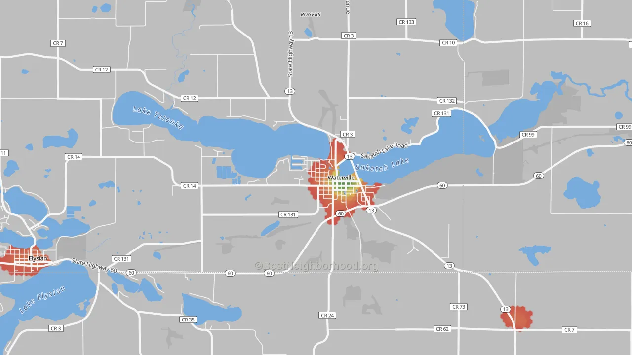 Walk Grade map of Waterville, MN, walkable areas in green and car-dependent areas in red