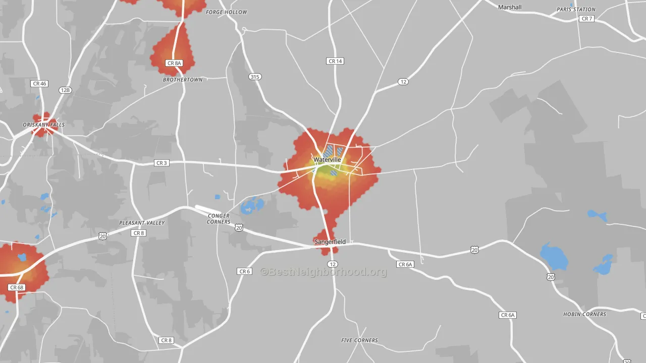 Walk Grade map of Waterville, NY, walkable areas in green and car-dependent areas in red