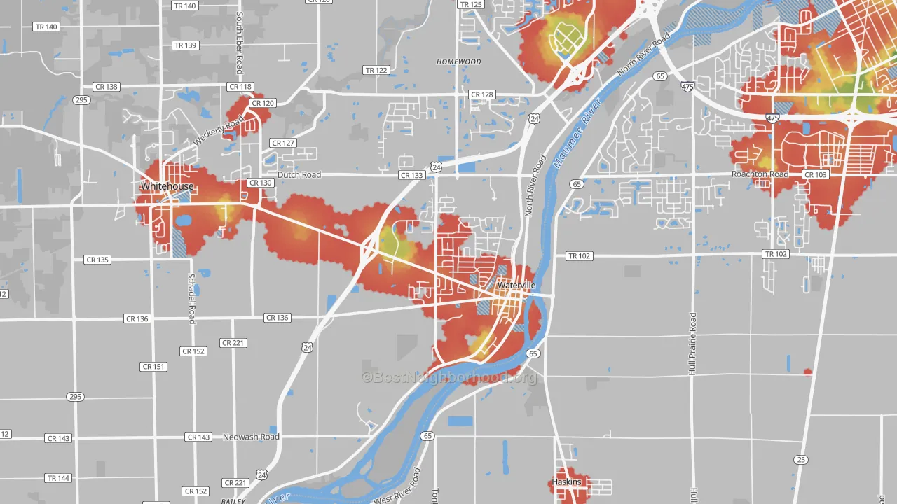 Walk Grade map of Waterville, OH, walkable areas in green and car-dependent areas in red