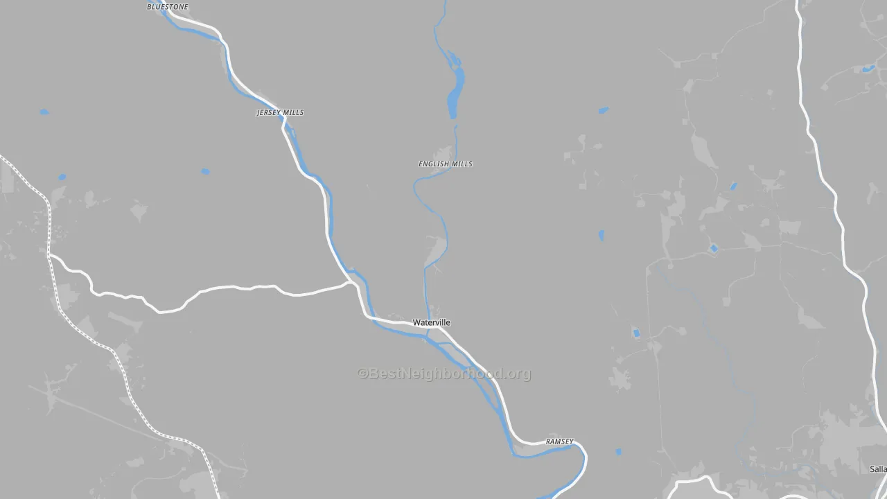 Walk Grade map of Waterville, PA, walkable areas in green and car-dependent areas in red