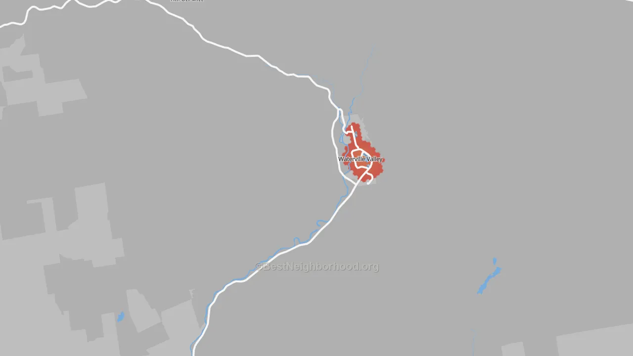 Walk Grade map of Waterville Valley, NH, walkable areas in green and car-dependent areas in red