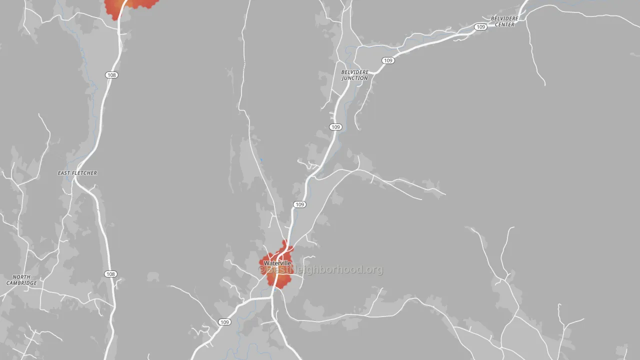 Walk Grade map of Waterville, VT, walkable areas in green and car-dependent areas in red