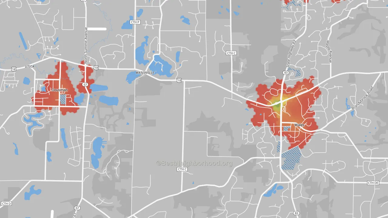 Walk Grade map of Waterville, WI, walkable areas in green and car-dependent areas in red