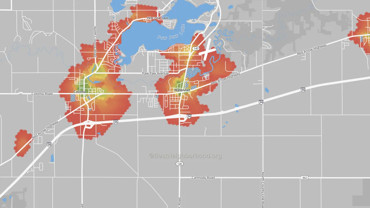 Walk Grade map of Watervliet, MI, walkable areas in green and car-dependent areas in red
