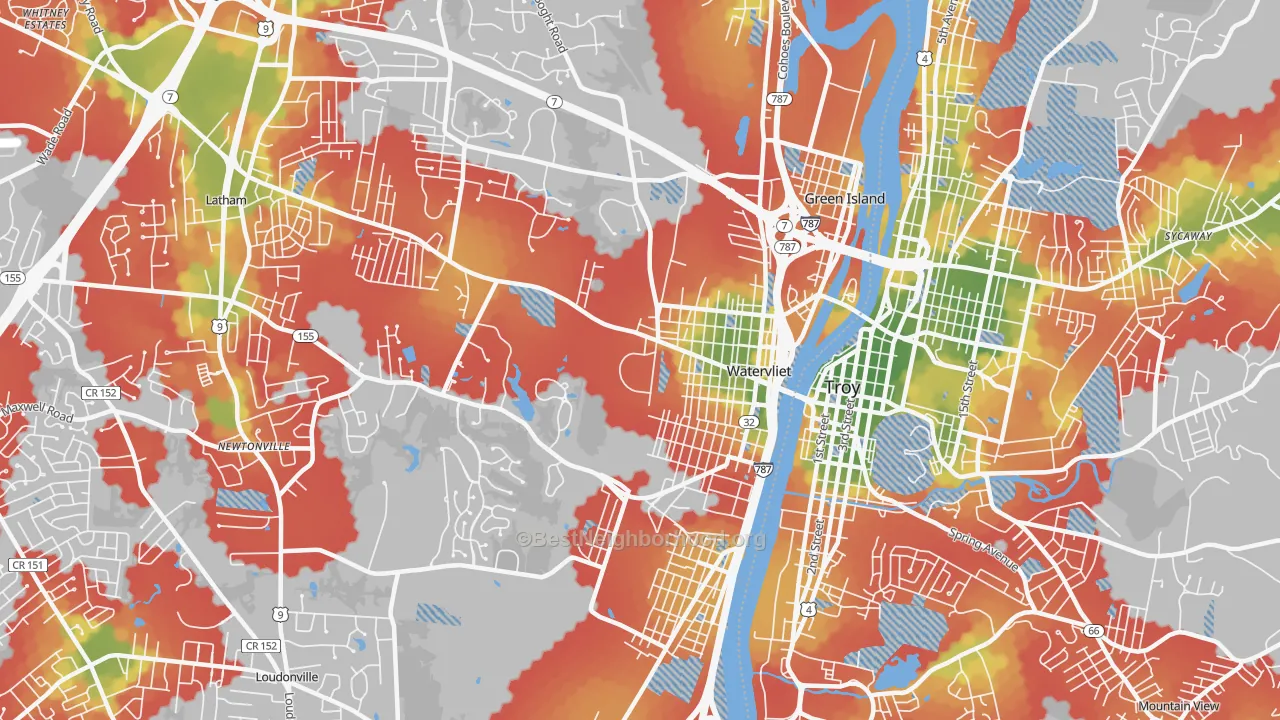 Walk Grade map of Watervliet, NY, walkable areas in green and car-dependent areas in red
