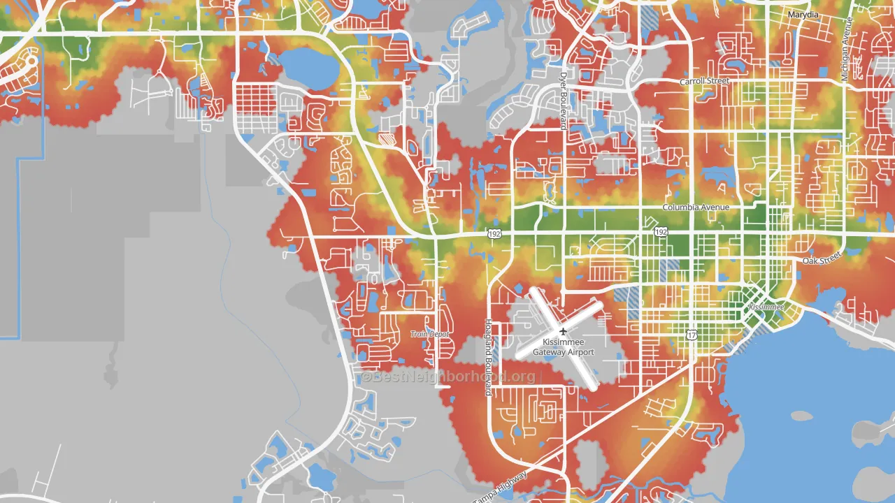Walk Grade map of Waterway Village, Kissimmee, FL, walkable areas in green and car-dependent areas in red