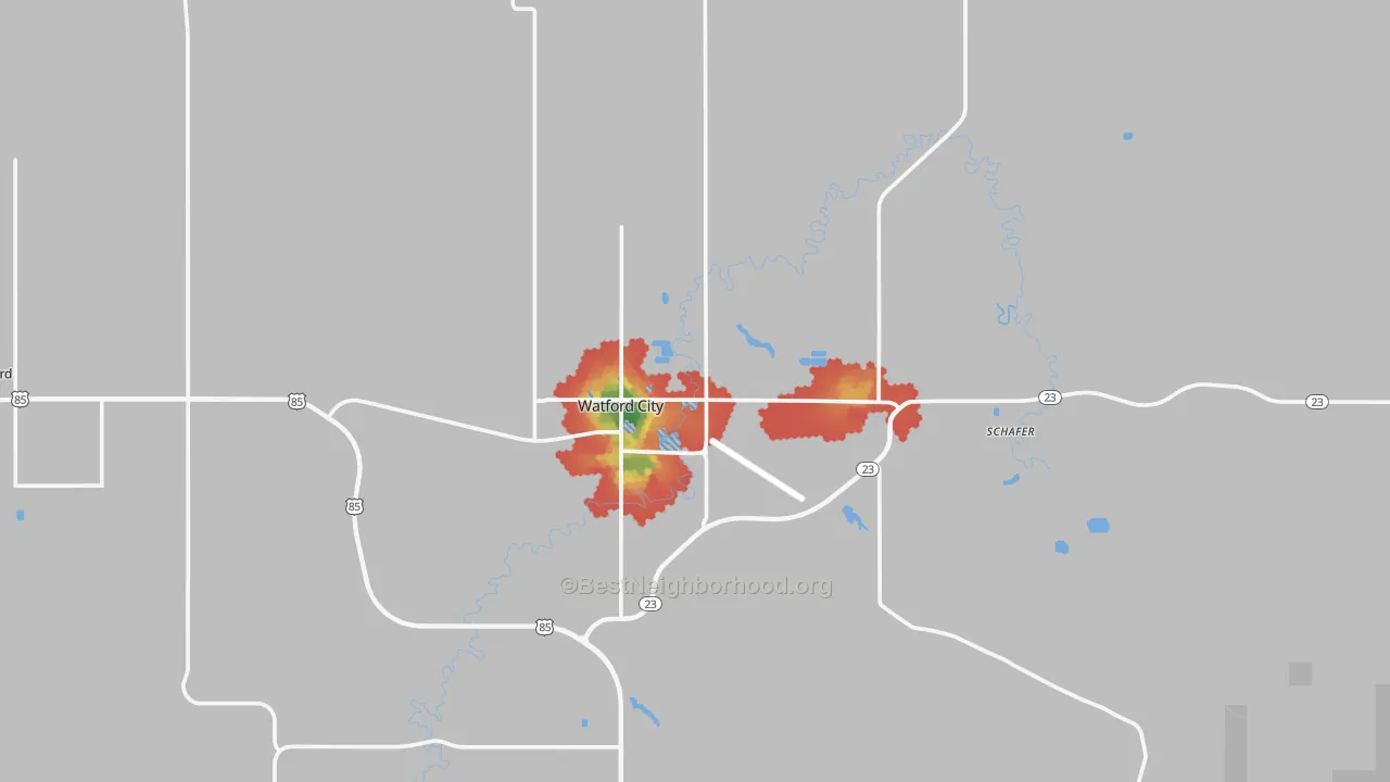 Walk Grade map of Watford City, ND, walkable areas in green and car-dependent areas in red