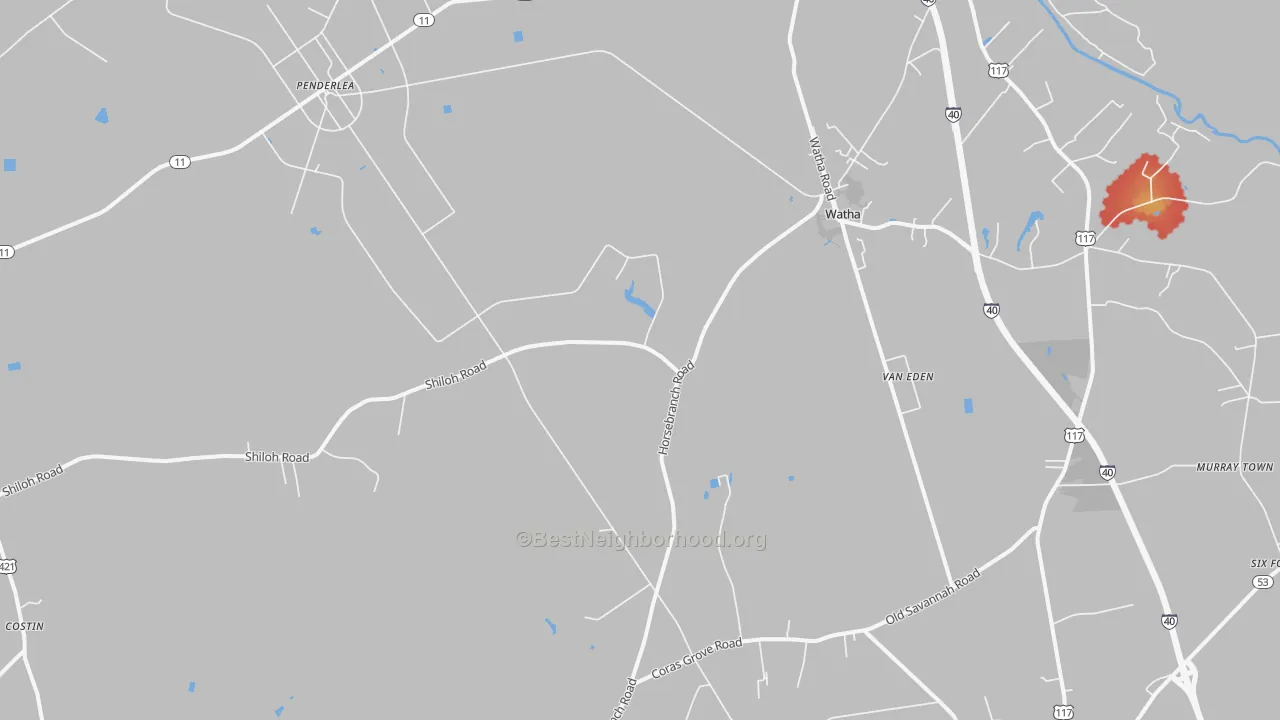 Walk Grade map of Watha, NC, walkable areas in green and car-dependent areas in red