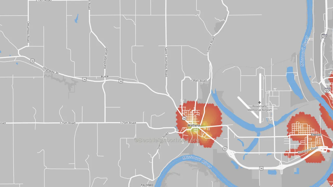 Walk Grade map of Wathena, KS, walkable areas in green and car-dependent areas in red