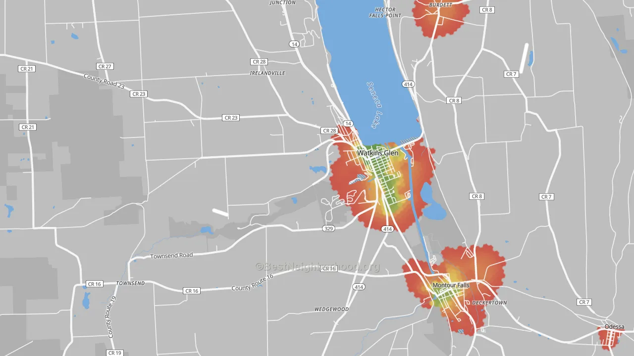 Walk Grade map of Watkins Glen, NY, walkable areas in green and car-dependent areas in red