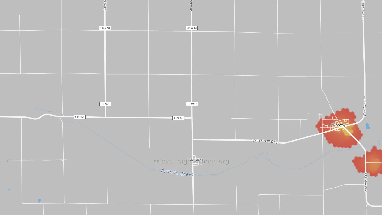 Walk Grade map of Watkins, IA, walkable areas in green and car-dependent areas in red