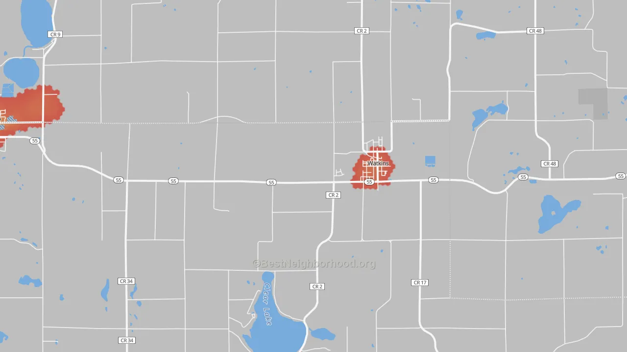 Walk Grade map of Watkins, MN, walkable areas in green and car-dependent areas in red
