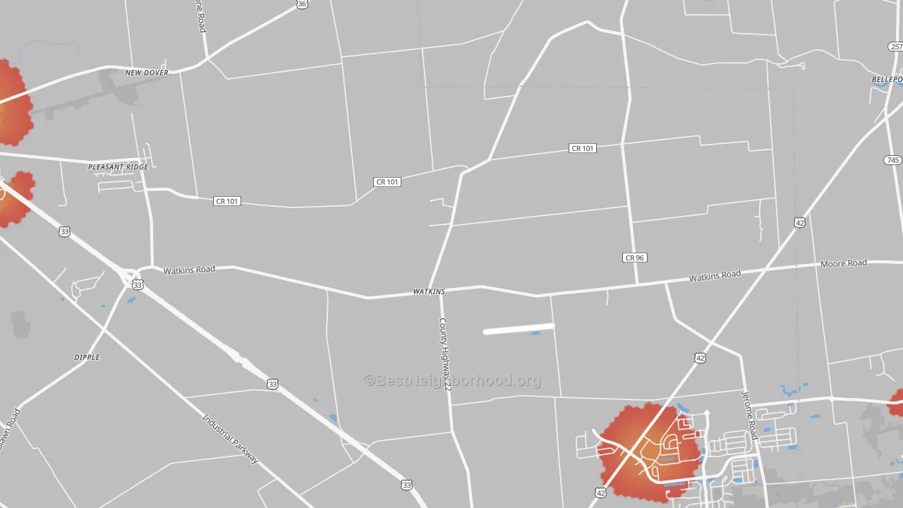 Walk Grade map of Watkins, OH, walkable areas in green and car-dependent areas in red