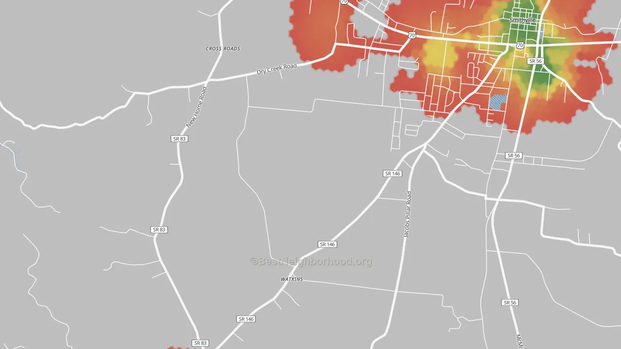 Walk Grade map of Watkins, TN, walkable areas in green and car-dependent areas in red