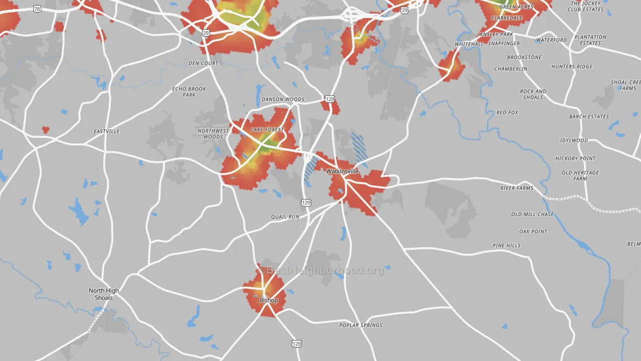 Walk Grade map of Watkinsville, GA, walkable areas in green and car-dependent areas in red