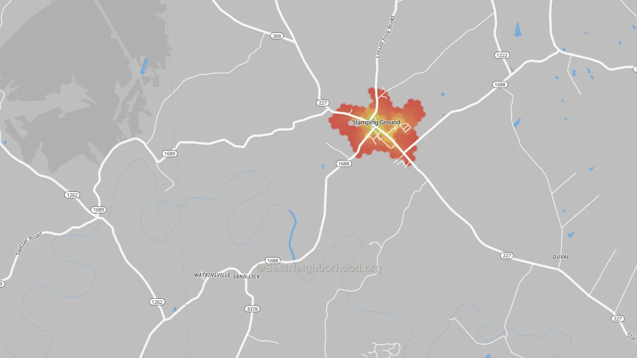 Walk Grade map of Watkinsville, KY, walkable areas in green and car-dependent areas in red