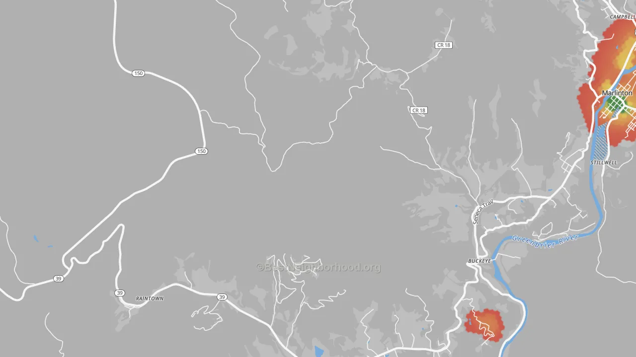 Walk Grade map of Watoga, WV, walkable areas in green and car-dependent areas in red
