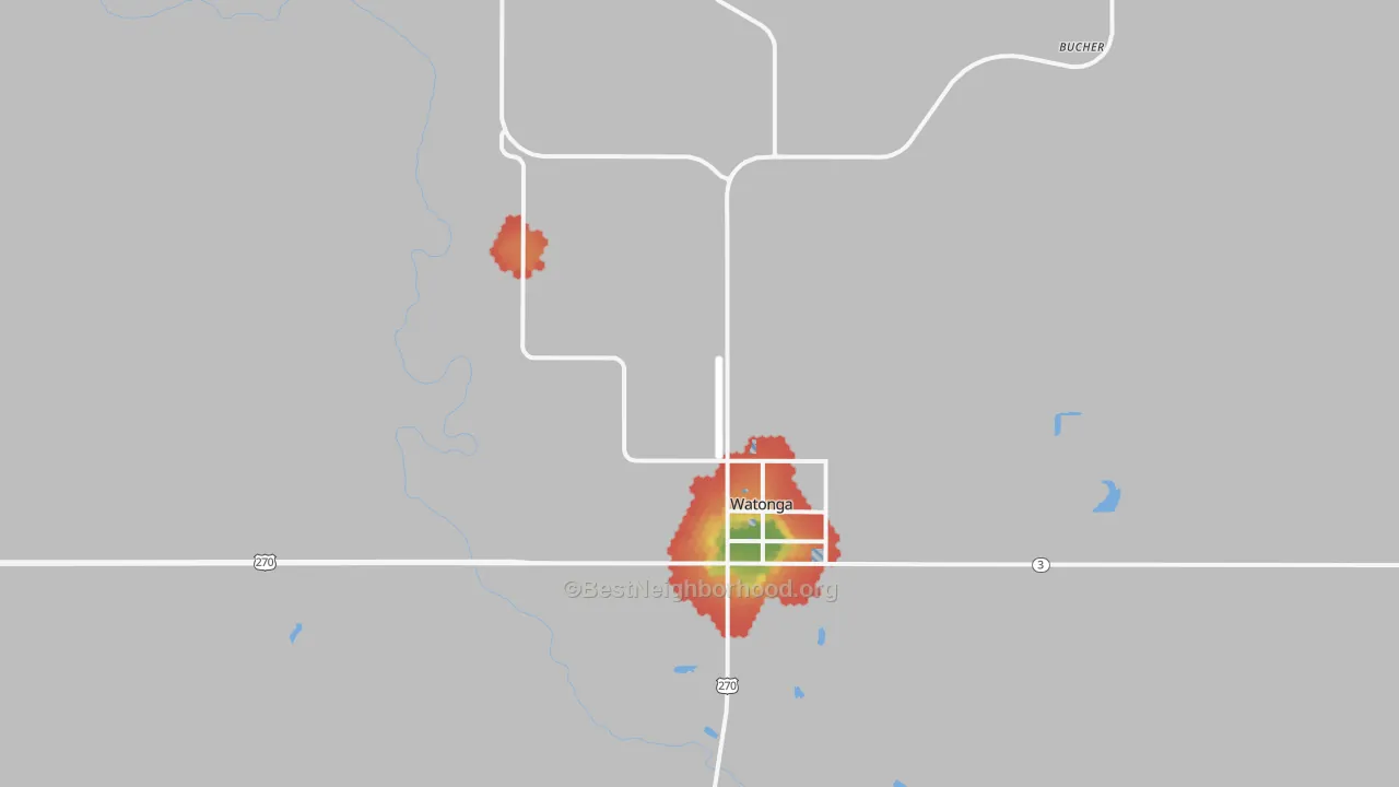 Walk Grade map of Watonga, OK, walkable areas in green and car-dependent areas in red