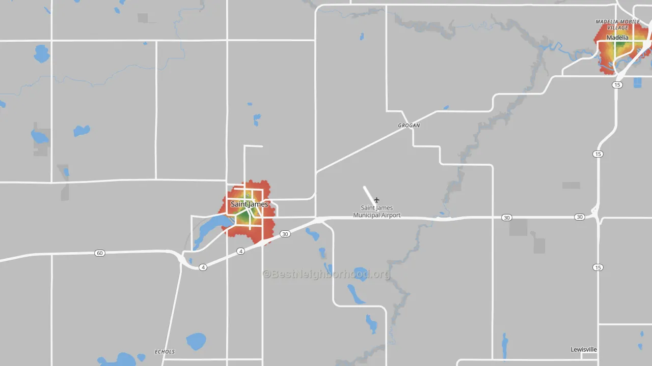 Walk Grade map of Watonwan County, MN, walkable areas in green and car-dependent areas in red