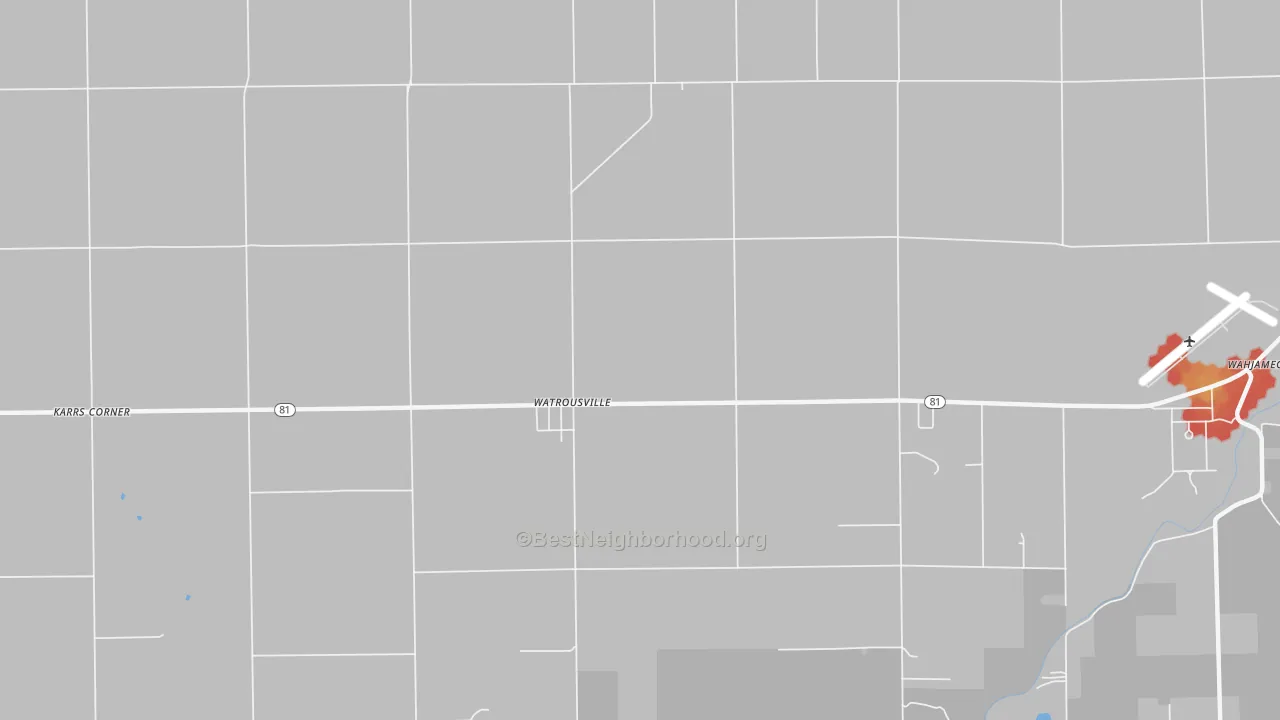 Walk Grade map of Watrousville, MI, walkable areas in green and car-dependent areas in red