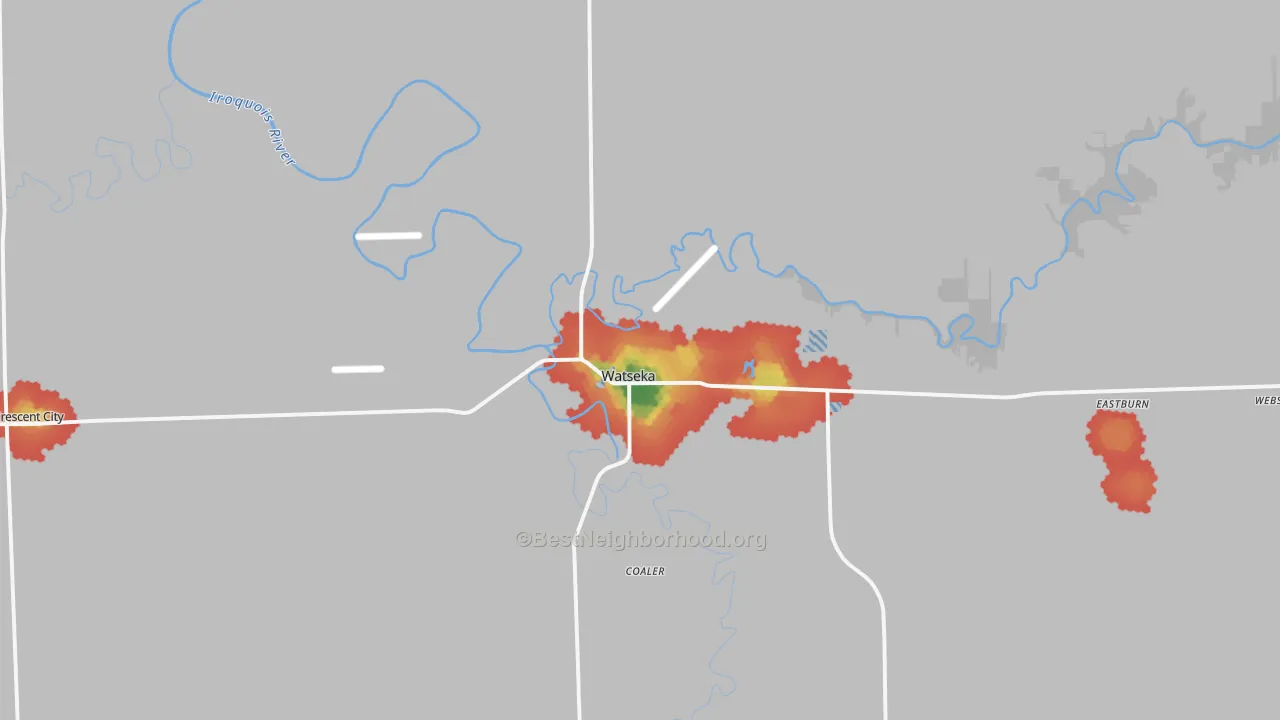 Walk Grade map of Watseka, IL, walkable areas in green and car-dependent areas in red