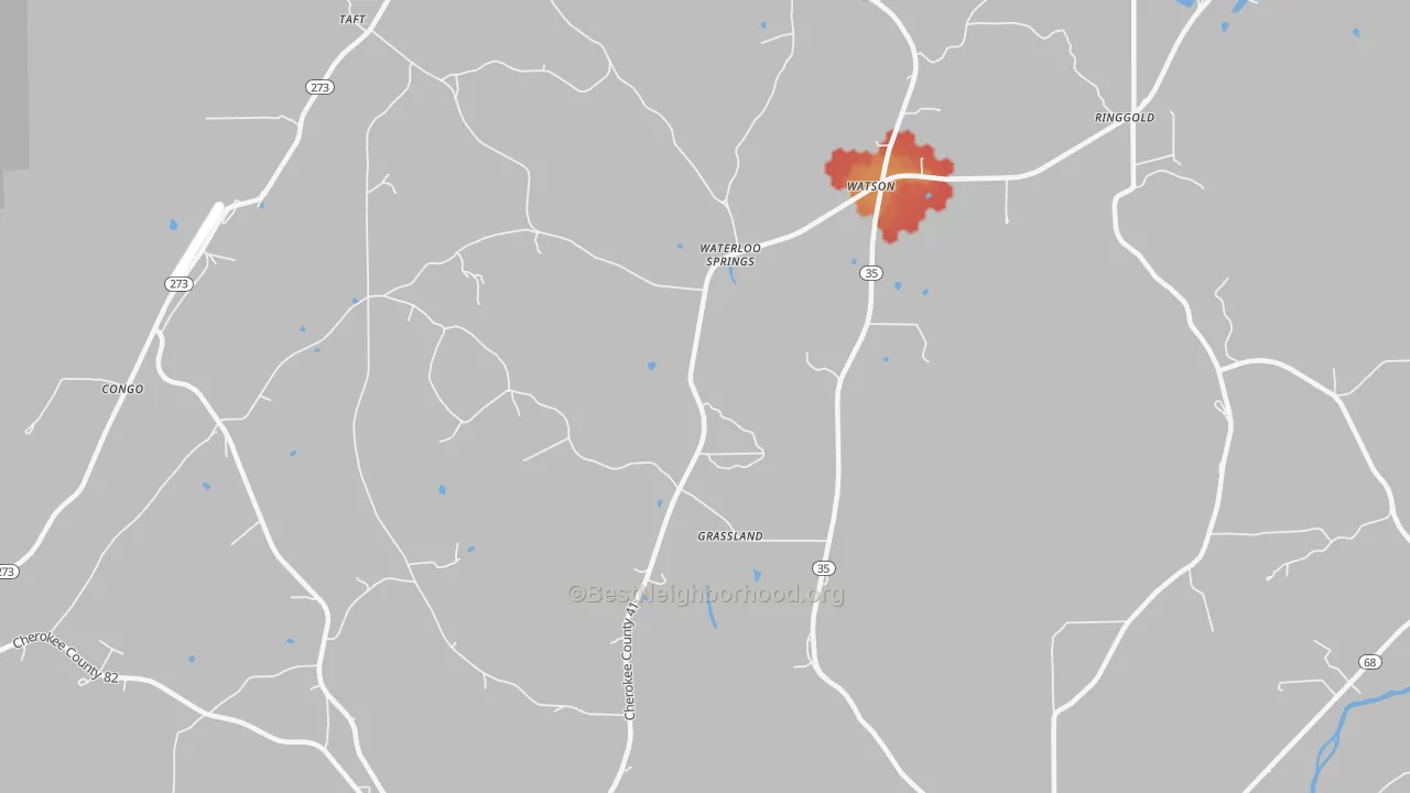 Walk Grade map of Watson, AL, walkable areas in green and car-dependent areas in red