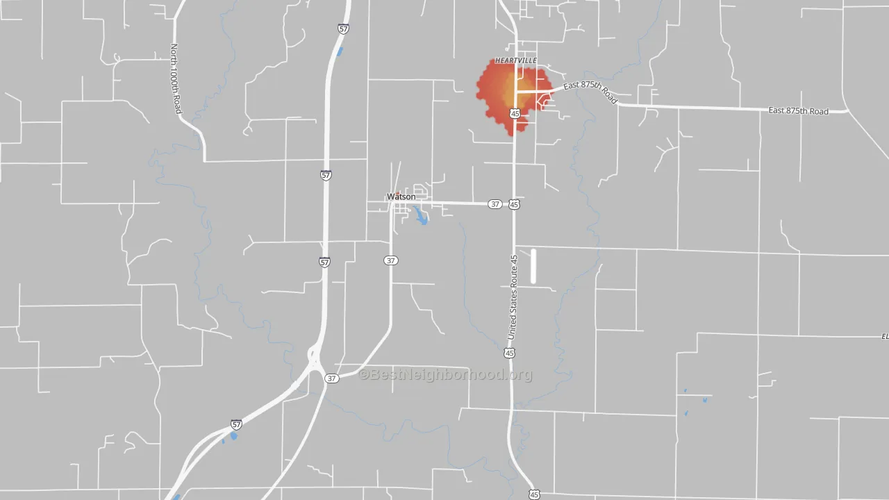 Walk Grade map of Watson, IL, walkable areas in green and car-dependent areas in red