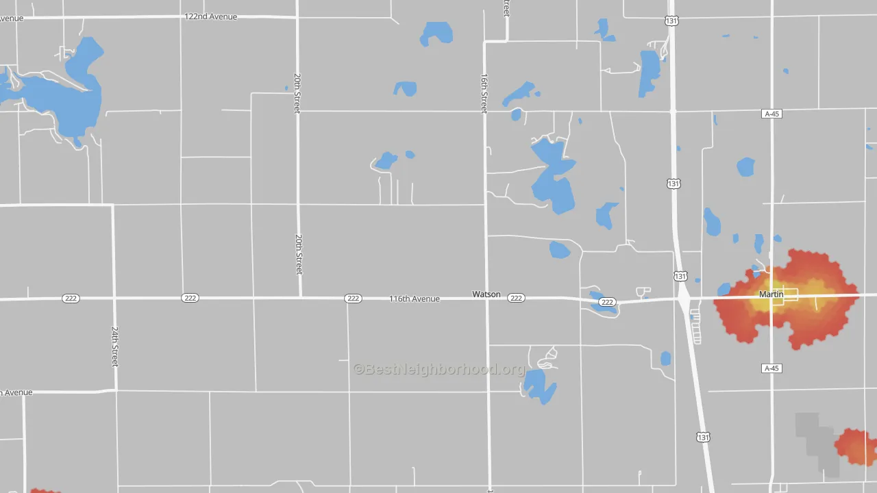 Walk Grade map of Watson, MI, walkable areas in green and car-dependent areas in red