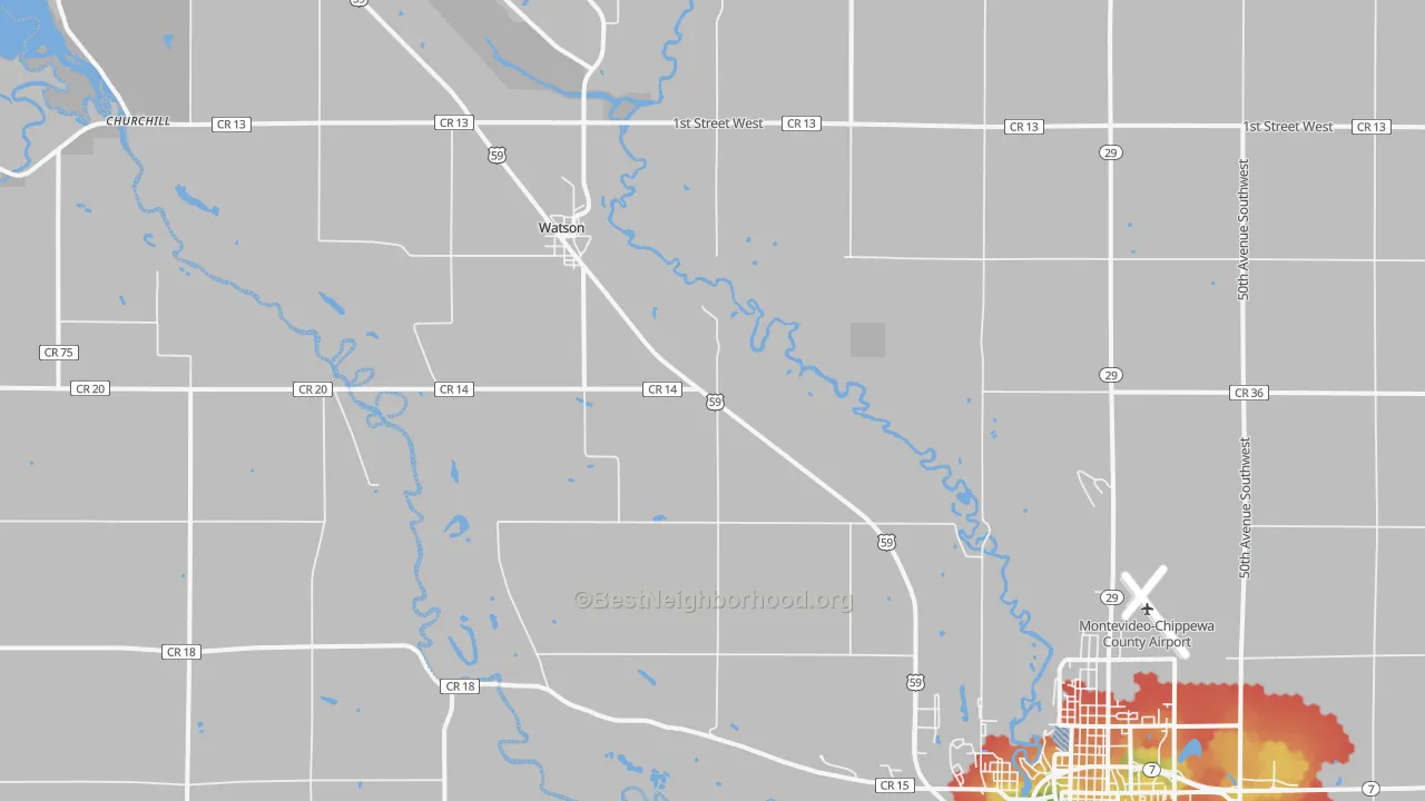 Walk Grade map of Watson, MN, walkable areas in green and car-dependent areas in red