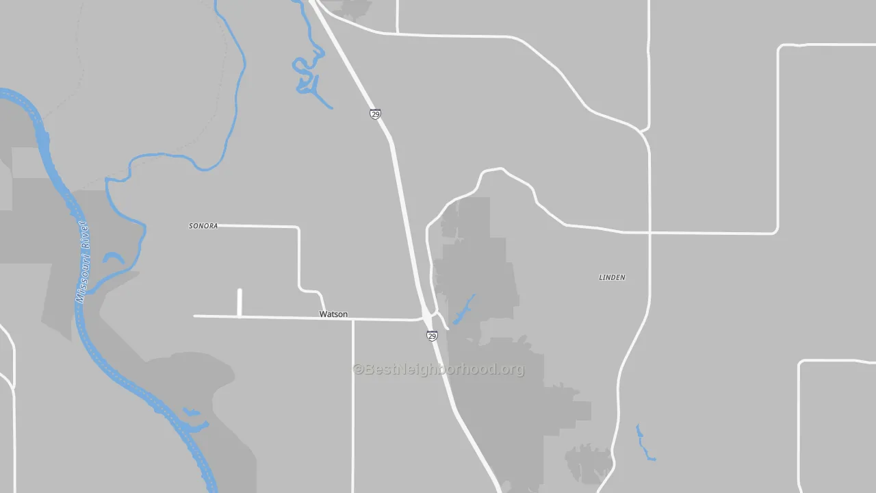 Walk Grade map of Watson, MO, walkable areas in green and car-dependent areas in red