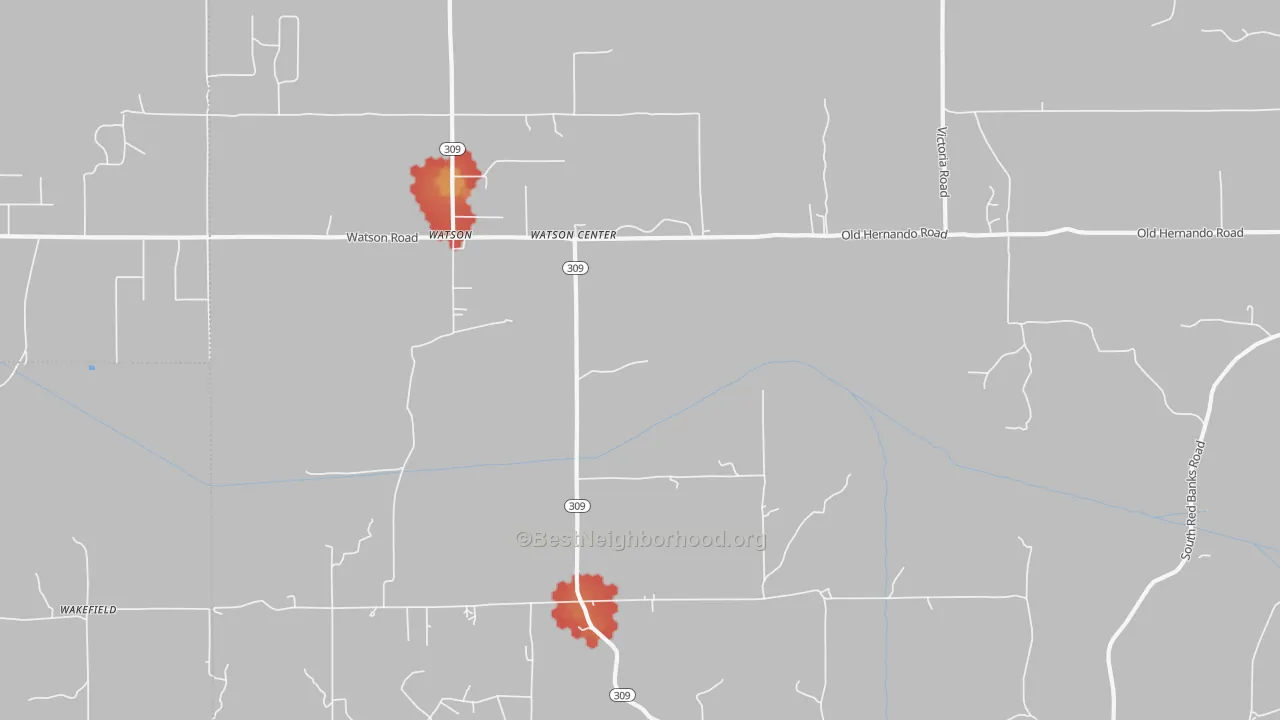 Walk Grade map of Watson, MS, walkable areas in green and car-dependent areas in red