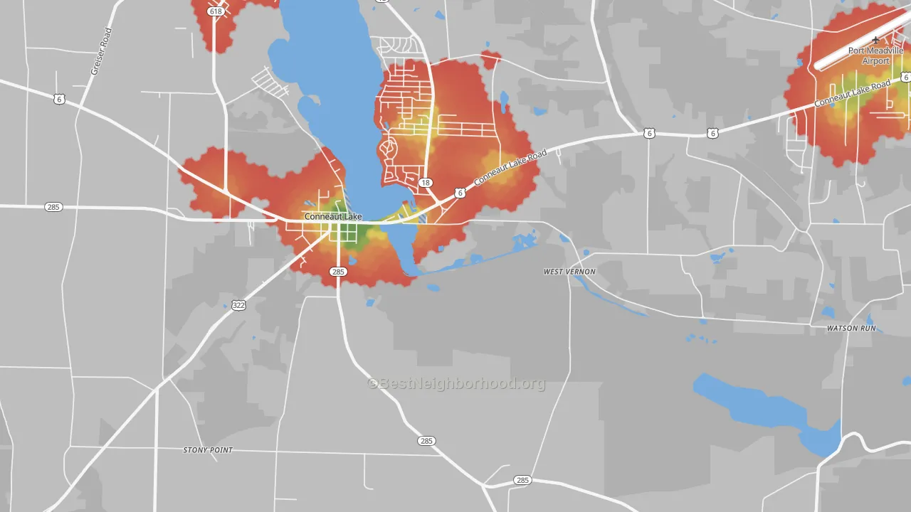Walk Grade map of Watson Run, PA, walkable areas in green and car-dependent areas in red