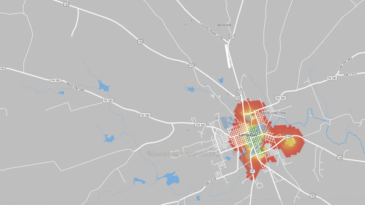 Walk Grade map of Watson, TX, walkable areas in green and car-dependent areas in red